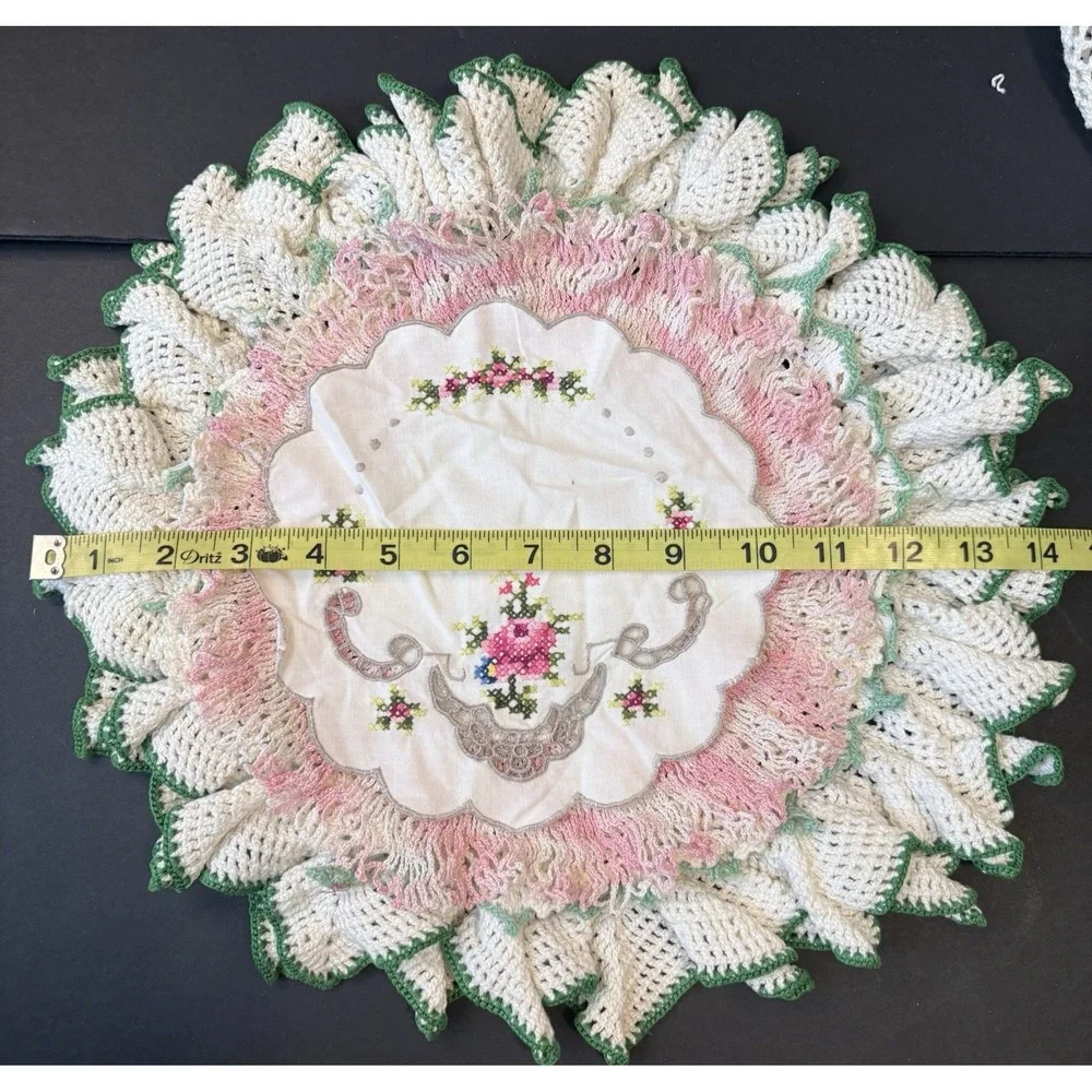 Vintage (6) Handmade Crochet Embroidered Doilies Floral Colorful Round Dresser